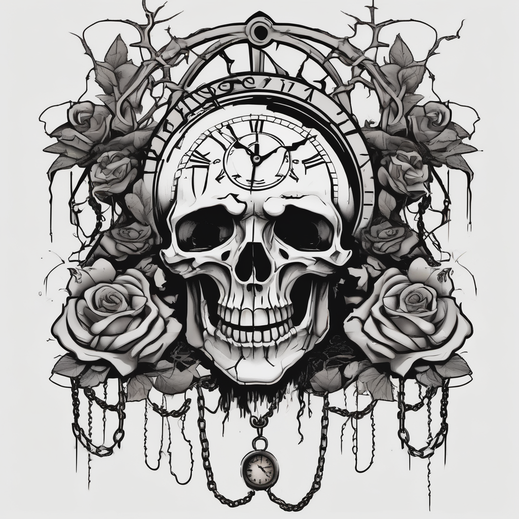 tattoo fool sleeve, tree roots break out of the chains, broken mask, clock with flying numbers, girl, skull, roses english dragon tattoo, diseño de tatuaje Cartoon generado con IA